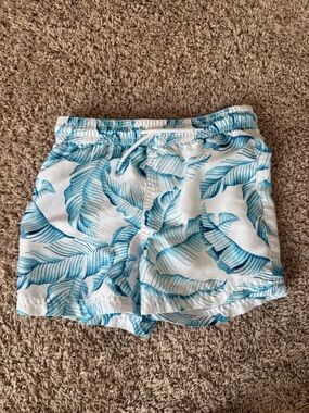 Janie and Jack White Swim Trunks with Teal Leaf Print